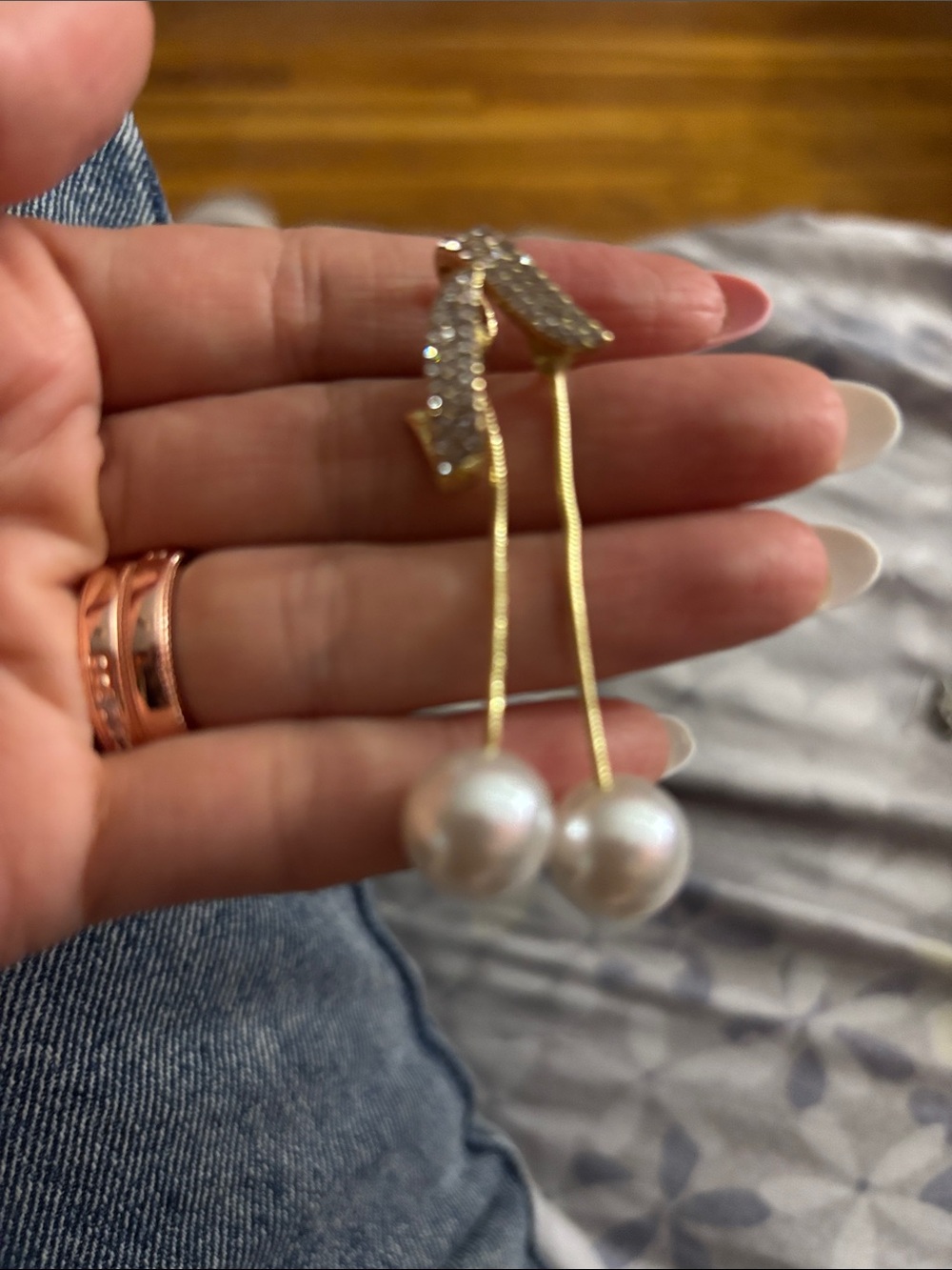 Gold Pearl Drop Earrings with Crystal Accents